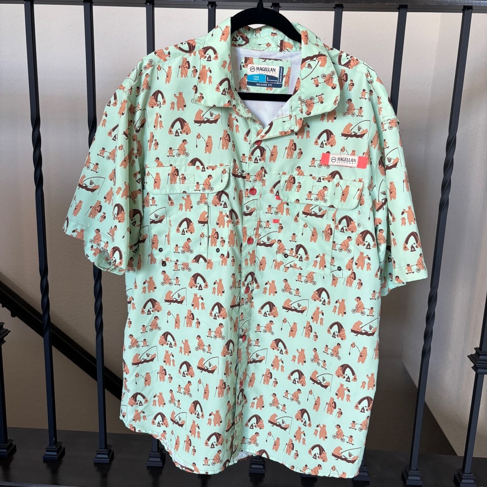 Magellan Outdoors Laguna Madre Light Green Papa Bear Baby Bear Fishing Shirt Lg